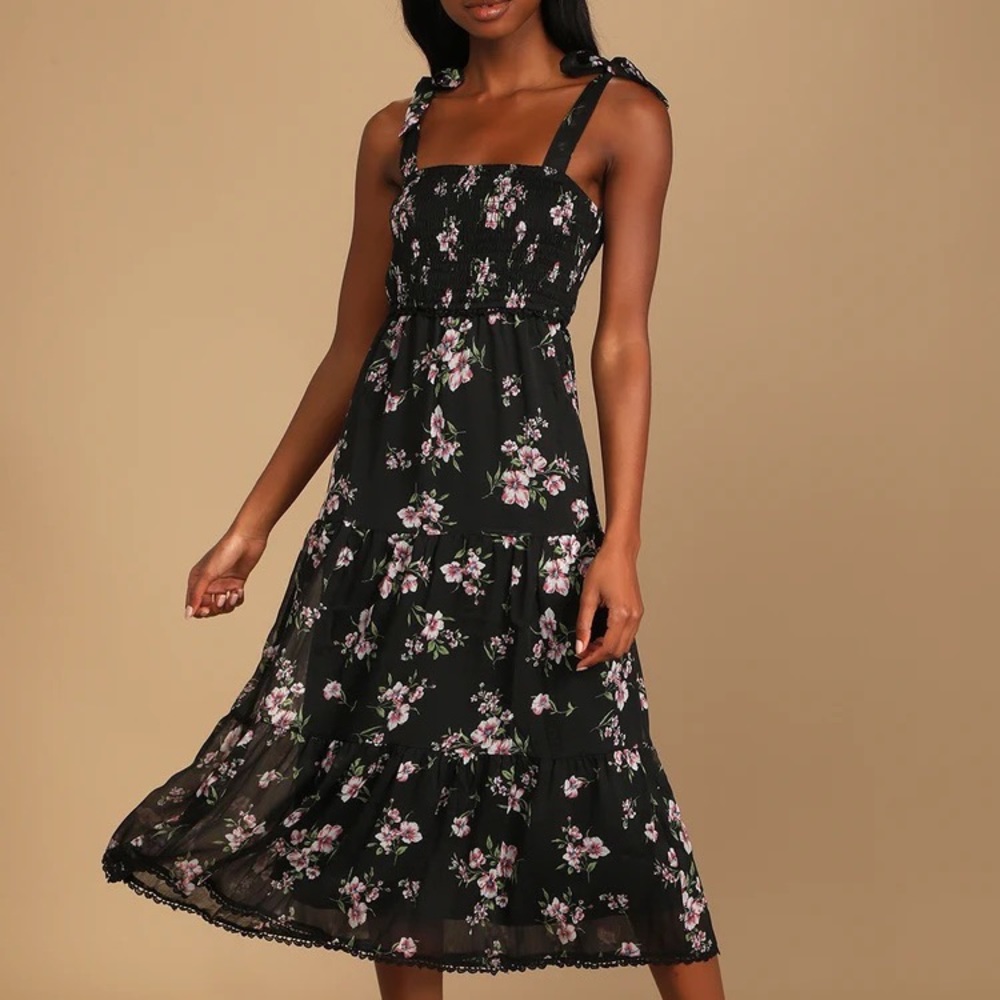Lulus Black Floral Print Dress
